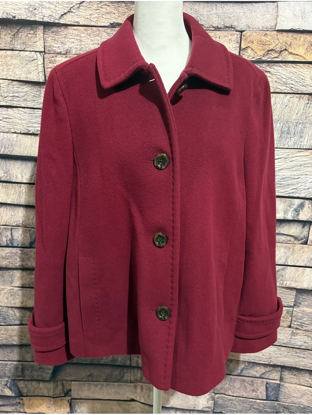 Lands' End Women's Burgundy Wool Cashmere Blend Button Front Coat Size 14P